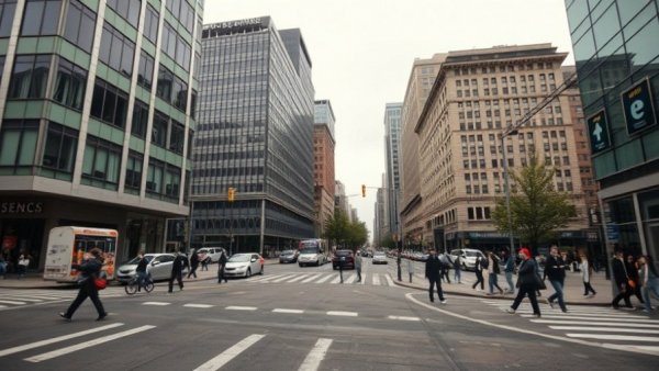 Vancouver Granville Street urban intersection, overcast day.