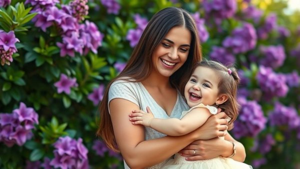Joyful moment of woman and girl amidst flowers, representing memories at a funeral for 8-year-old girl in Vancouver.