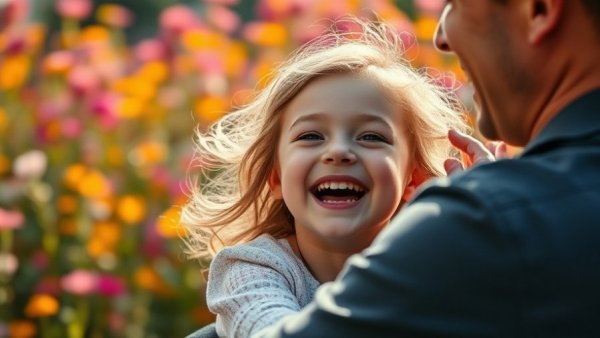 Joyful moment outdoors with child and adult among flowers.