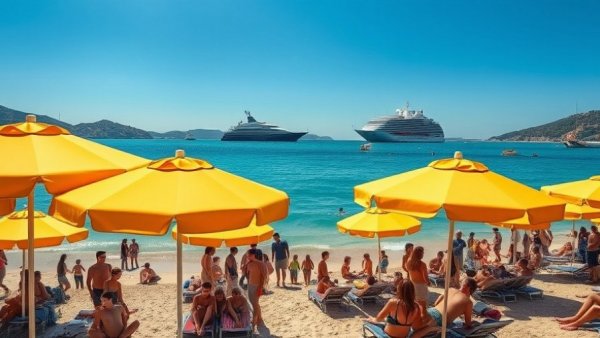 Beach in Monaco with colorful umbrellas and cruise ships in the sea.