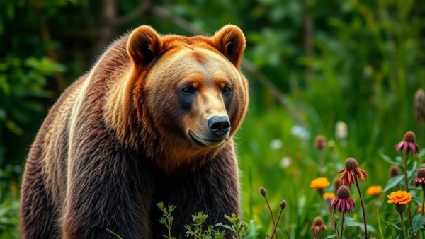 Grizzly bear standing alert in green forest, Bella Coola.