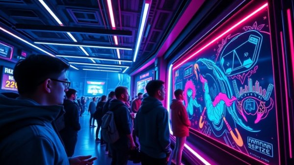 Futuristic gaming space in Metro Vancouver with neon-lit digital wall.
