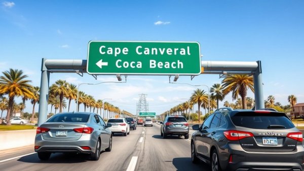 Highway sign to Cocoa Beach with cars and palm trees, clear sky.