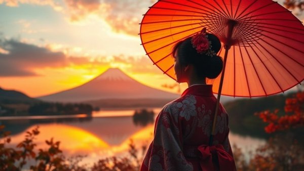 Traditional Japanese woman with parasol near Mount Fuji, Asia trivia questions and answers backdrop.