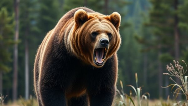 Grizzly bear with intense gaze in British Columbia wilderness.