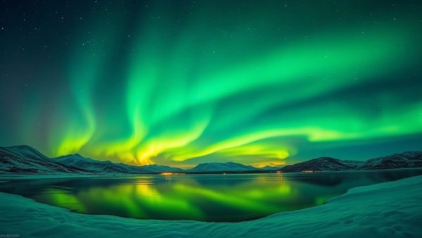 Mesmerizing Northern Lights over a serene snowy landscape, top travel site.