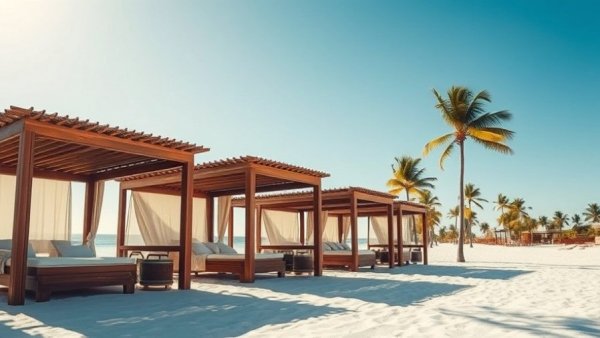 Luxury cabanas at a Red Sea resort with blue skies and palm trees.