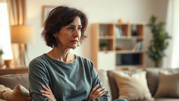 Concerned woman listening intently in cozy setting, addressing everyday communication mistakes.