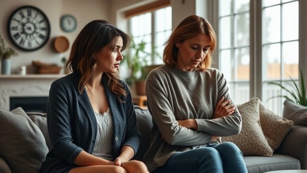 Two women discussing communication mistakes in a cozy living room.