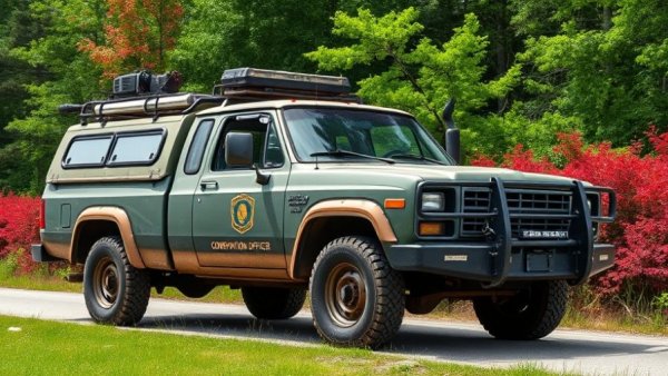 Conservation officer truck in Bella Coola, related to grizzly bear incident.