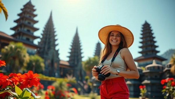 Young woman exploring top tourist spots in Bali, vibrant temple gardens.