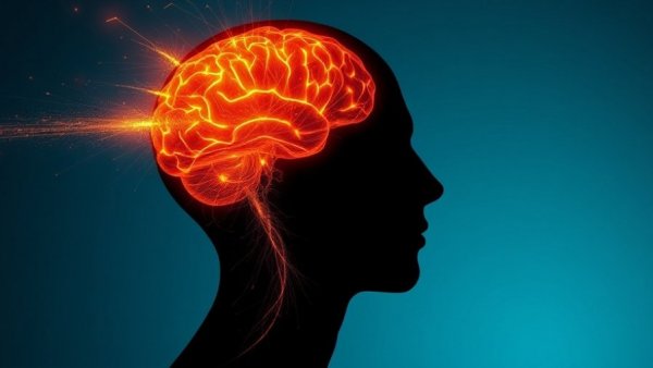 Futuristic silhouette of a human profile with glowing brain, Gravity Ageing theme.
