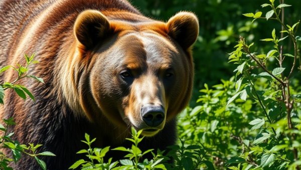 Grizzly bear encounter, focused gaze in Bella Coola nature, vivid greenery.
