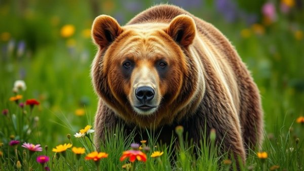 Close-up of a grizzly bear in a grassy meadow during daylight.