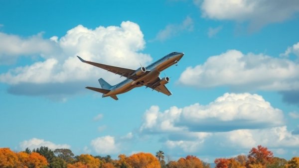 Airplane flying high above autumn trees, transfer bonus to Aeroplan.