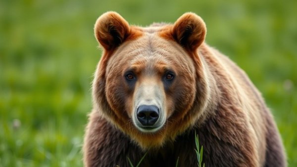 Close-up of bear in Bella Coola meadow, brown bear alert and focused.