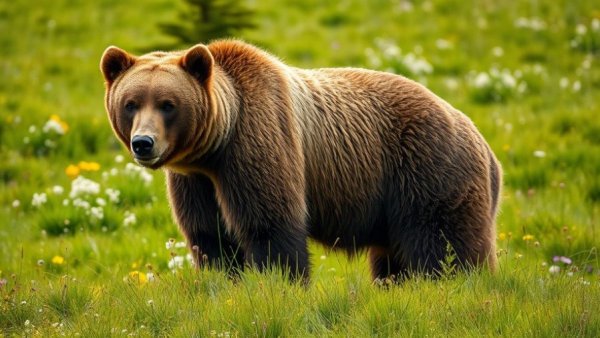 Grizzly bear alert in meadow near Bella Coola.