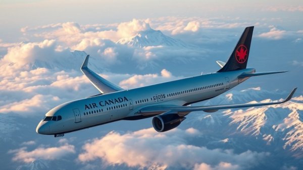 Air Canada plane flying over snow-capped mountains, symbolizing new Europe routes.