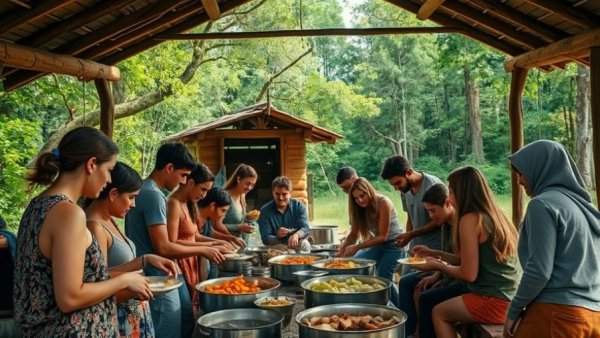 Preparedness in outdoor activities: group cooking in rustic shelter, early light.