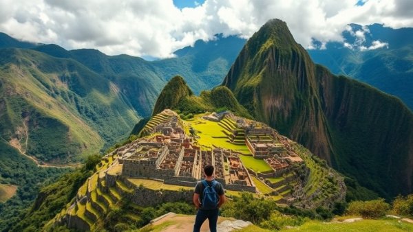 Vast landscape of Inca Trail with terraces and mountains during daylight.