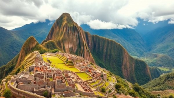 Scenic view of Inca Trail to Machu Picchu with terraces and mountains.