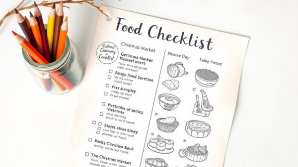 Illustrated German Christmas market food checklist with rustic overlay.