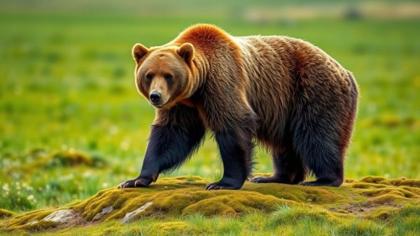 Grizzly bear in Bella Coola meadow, standing cautiously.