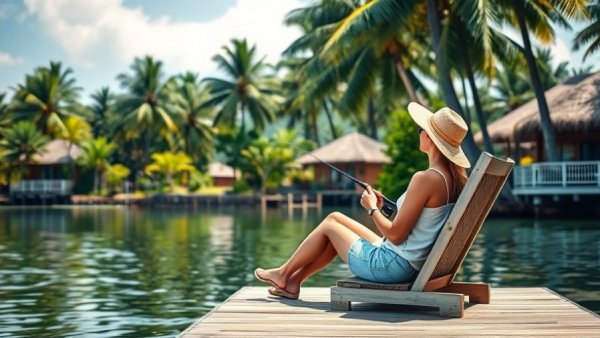 Woman fishing at lakeside resort, ethics of game fishing scene