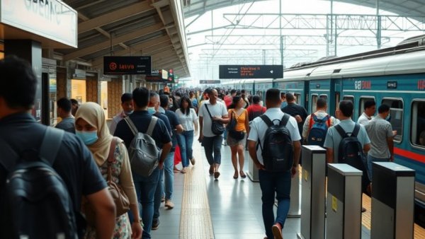 Busy Java train station with travelers and electronic barriers.