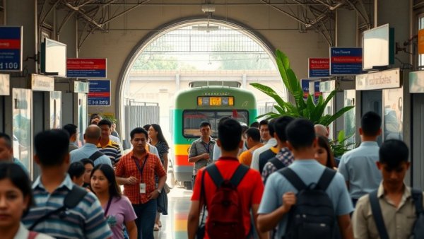Bustling Java train travel station scene with passengers and train.