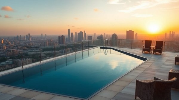 Unscripted by Hyatt luxury rooftop pool at sunset.