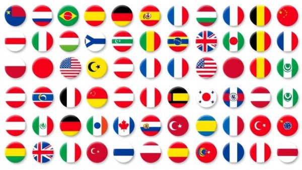 Circular icons of flags representing language diversity.