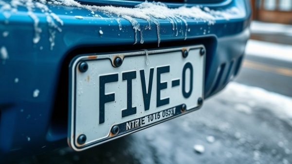 Kamloops 'FIVE-0' license plate recall on blue vehicle with snowy bumper.