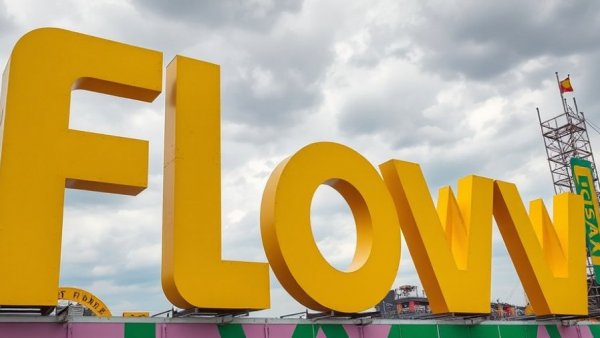 Bright yellow 'Flow Festival' sign at Flow Festival 2026 in Helsinki.