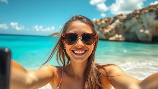 November Adventures Curacao: Woman smiling at a beach with cliffs.
