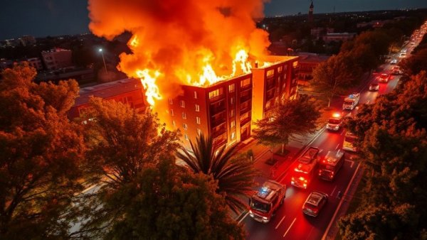 Aerial view of Richmond apartment fire displacement with firefighters and bright flames at night.