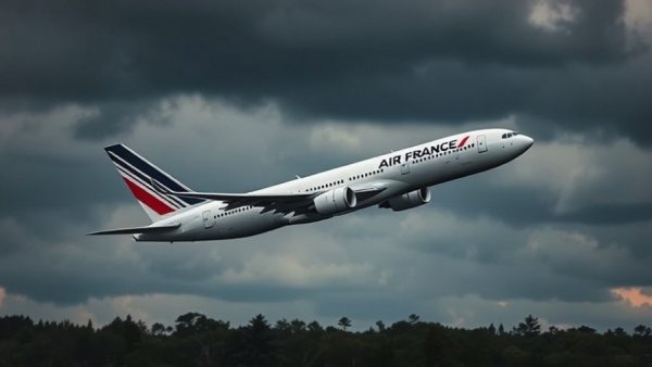Air France airplane ascending into cloudy skies, Multiply Your Miles with Flying Blue.