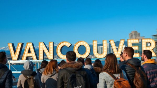 Tourists at permanent Vancouver sign with mountain view.