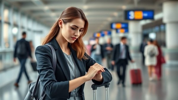 Professional woman checks smartwatch at airport for corporate trip planning.