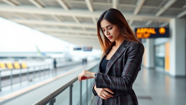 Businesswoman checking time at airport; insights for corporate trip planning.