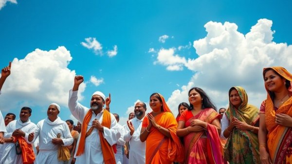 Pilgrims celebrating during a vibrant pilgrimage journey through Bharat.