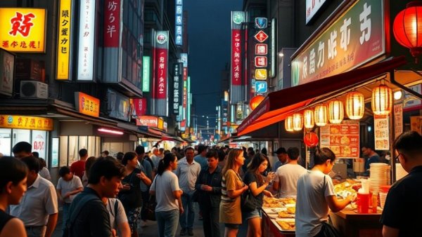 Bustling Fukuoka yatai street food scene at night.