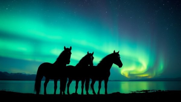 Silhouette of Icelandic horses under Northern Lights in Iceland.