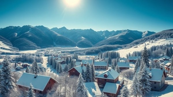 Best ski destinations for early snow showing a snowy ski resort and mountains.