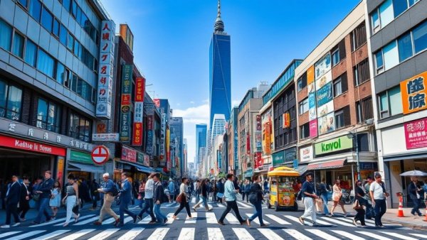 Bustling street in Kanto with Skytree tower, Things to do in Kanto.
