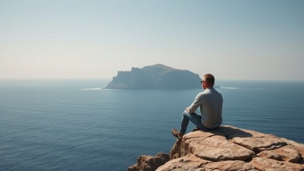 Man planning a once-in-a-lifetime trip, gazing at island.