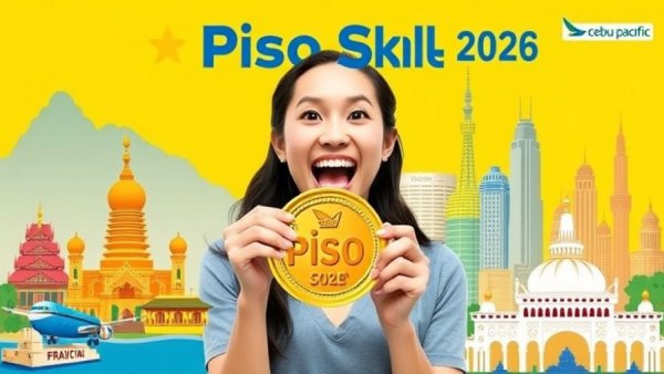 Cebu Pacific Piso Sale 2026 promo poster with woman and landmarks.