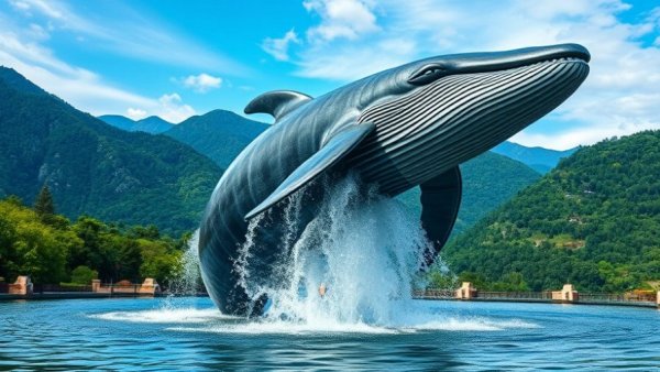 Stunning whale sculpture with mountains, Small Ship Alaska Cruise voyage inspiration.