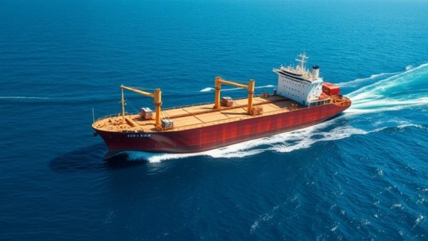 Canada tanker ban: Aerial view of tanker at sea, focused and luminous.