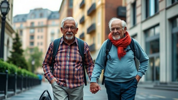 Senior couple walking together in city, promoting best credit cards for insurance for seniors.